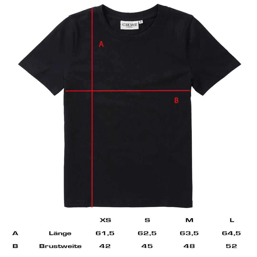 Schwarzes T-Shirt mit zwei roten Linien, die Messpunkte &quot;A&quot; (Länge) und &quot;B&quot; (Brustweite) kennzeichnen, darunter eine Größentabelle mit Maßen in Zentimetern für die Größen XS (42, 61.5), S (45, 62.5), M (48, 63.5), L (52, 64.5).