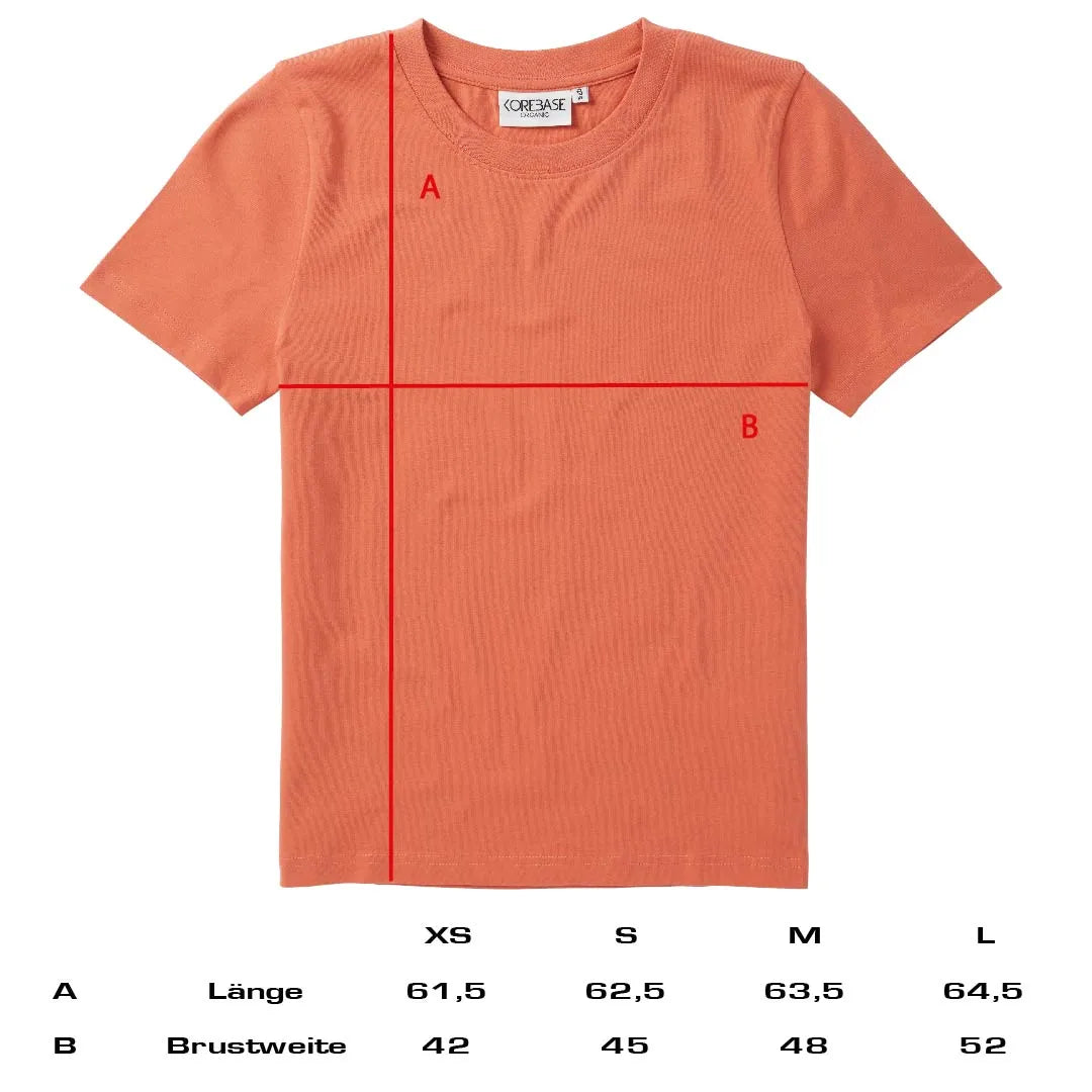 Masstabelle  Korallenfarbenes Shirt mit zwei roten Linien, die Messpunkte &quot;A&quot; und &quot;B&quot; kennzeichnen, unterhalb dessen sich eine Größentabelle befindet. Die Tabelle zeigt die Maße für verschiedene Größen (XS, S, M, L) in Zentimetern: Länge und Brustweite.